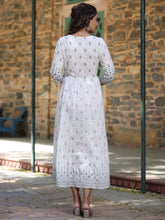 Women's White Cambric Printed Flared Dress